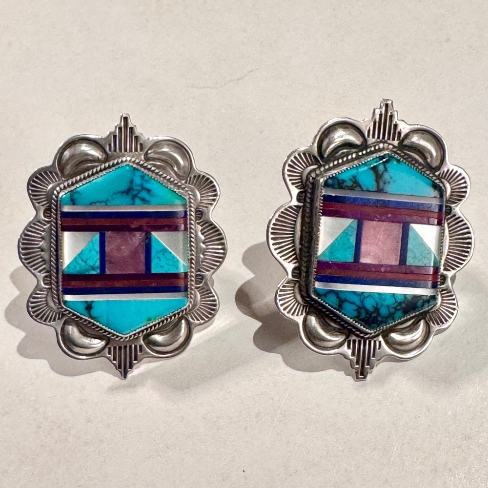 Vintage Benny and Valerie Aldrich Inlay Stone Clip Earrings